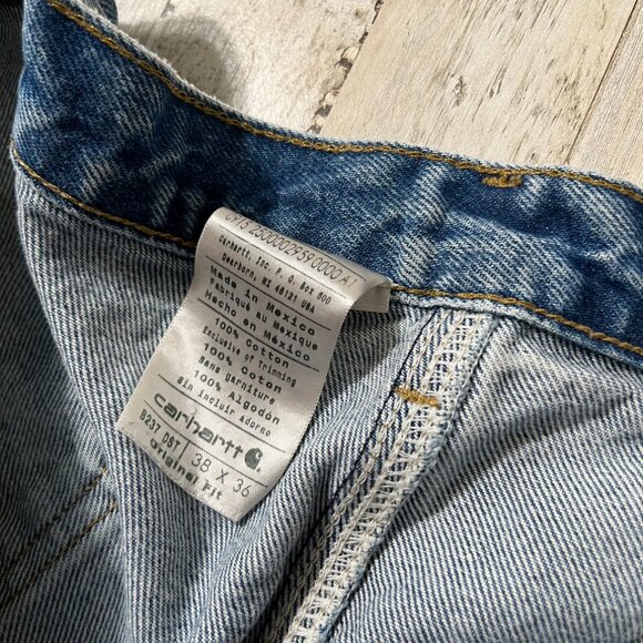 Vintage 90s Carhartt Thrashed Blue Denim Carpenter Canva Cargos Mens Sz 36 x 36 - Picture 5 of 6